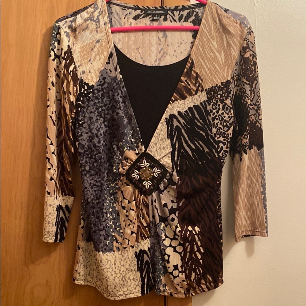 Notations Black and Tan Graphic Embellished Blouse